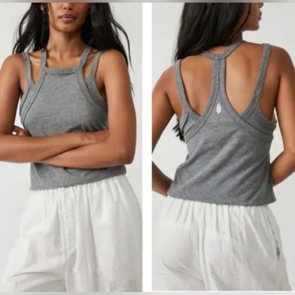 Free People Mocement Double Tank Blue Grey Heathered Size Mediumm New With Tags